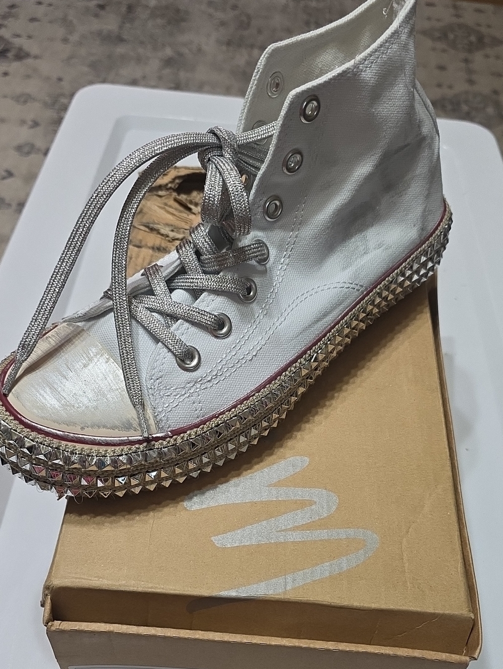 White Canvas High-Top Sneaker with Silver Studded Platform